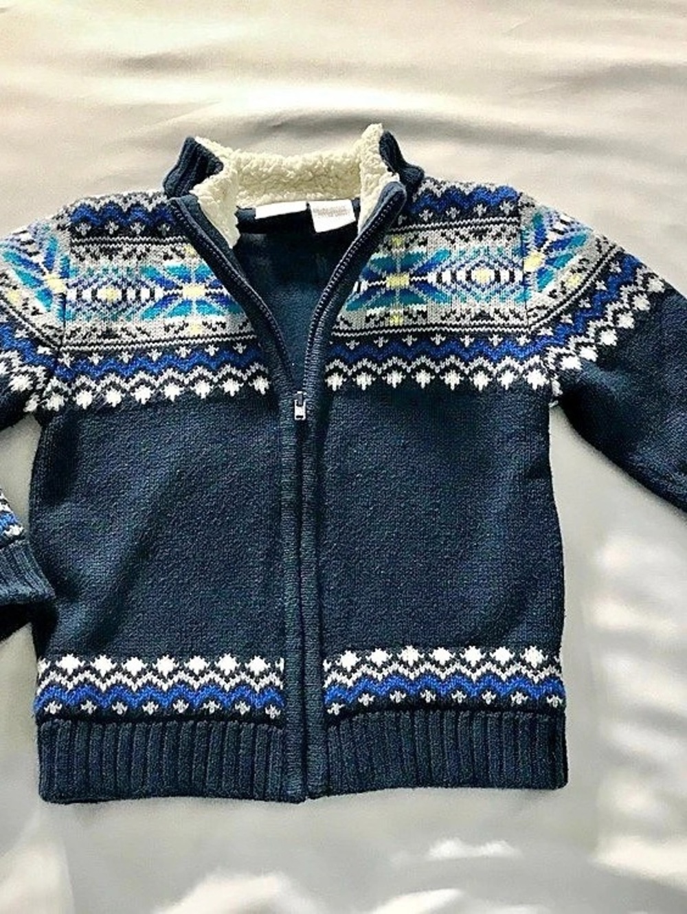 Geometric Knit Zip Sweater in Blue & White Like New